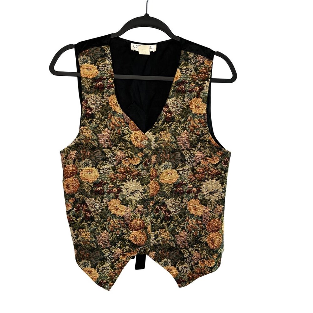 Vintage Gemilli Tapestry Floral Vest Large Made In USA Cotton Front Satiny Back